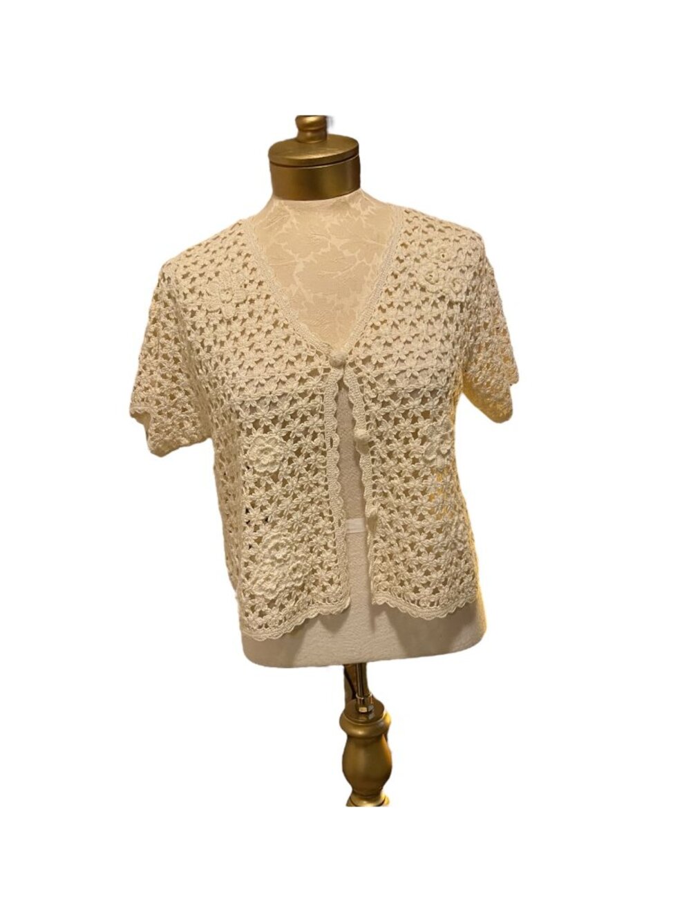 Vintage April Cornell Crocheted Cardigan Size S Cream Sweater Cottage Core